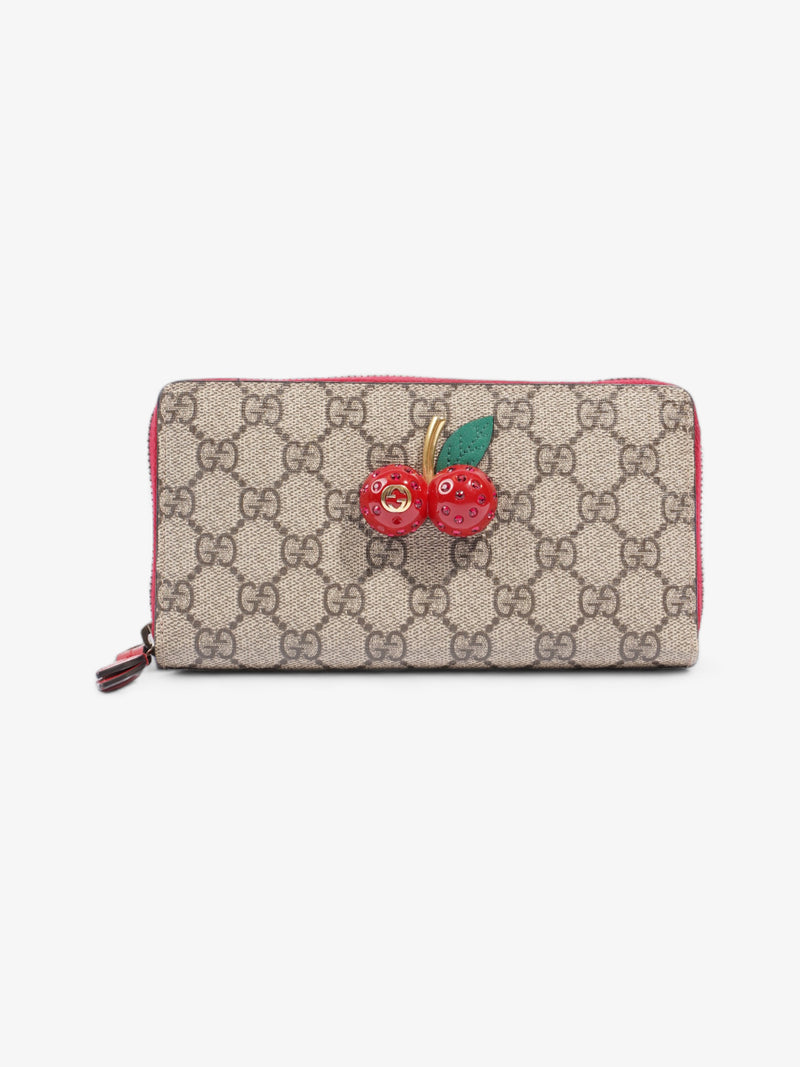 Gucci Zip Around Cherry Wallet Beige And Ebony GG Supreme / Red Coated Canvas