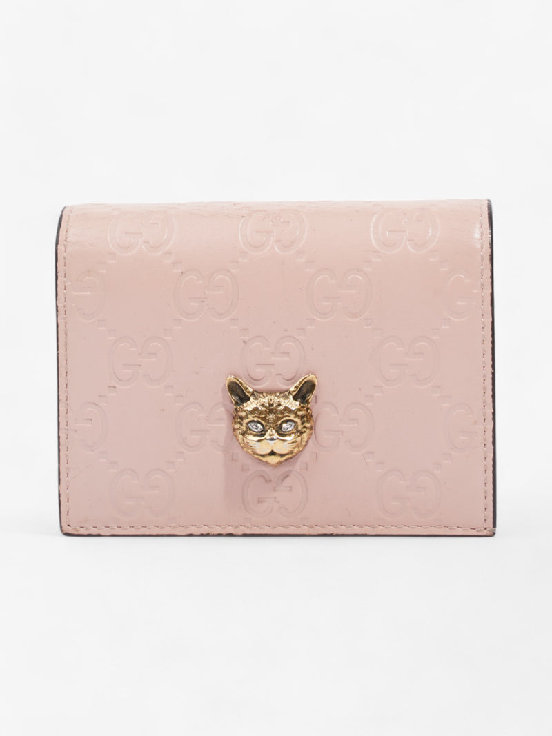 Gucci Guccissima Signature Crystal Cat Card Case Wallet Light Candy Pink Calfskin Leather