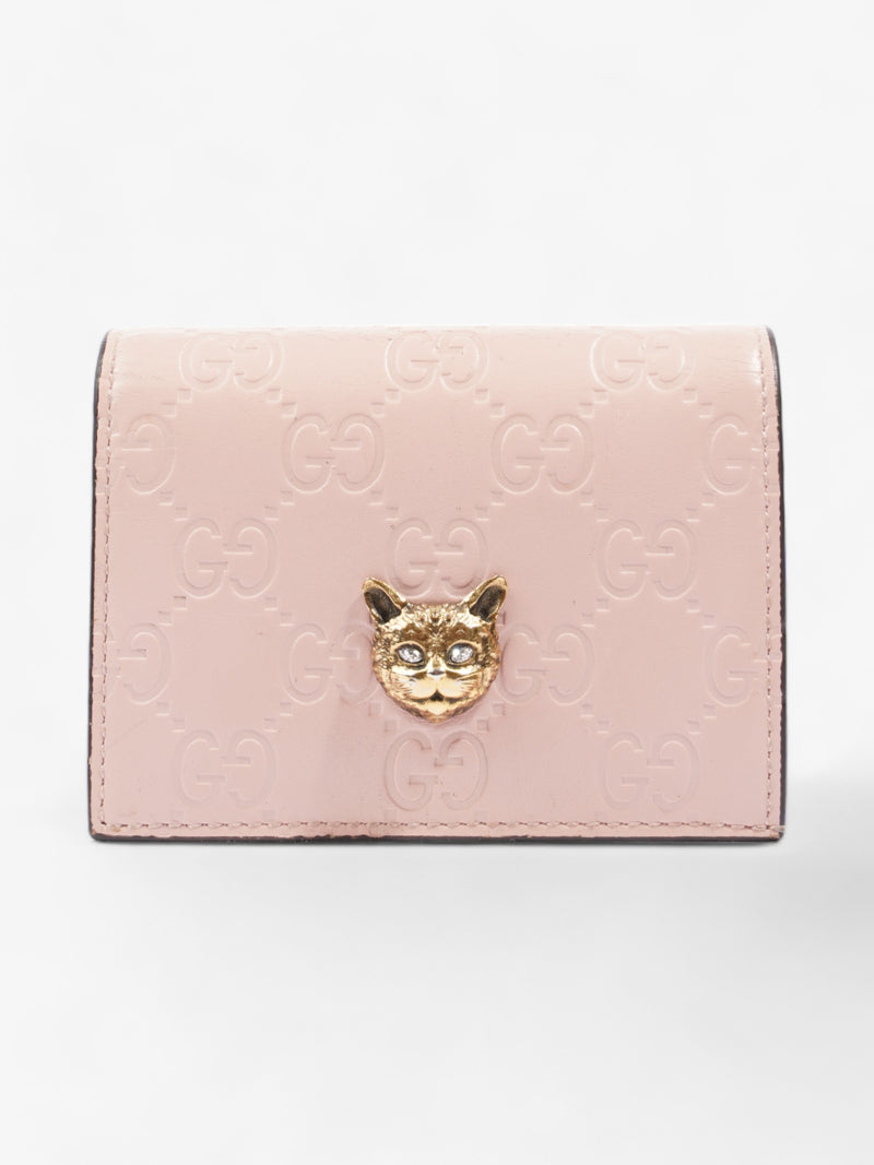 Gucci Signature Crystal Cat Wallet Card Holder Candy Pink Leather