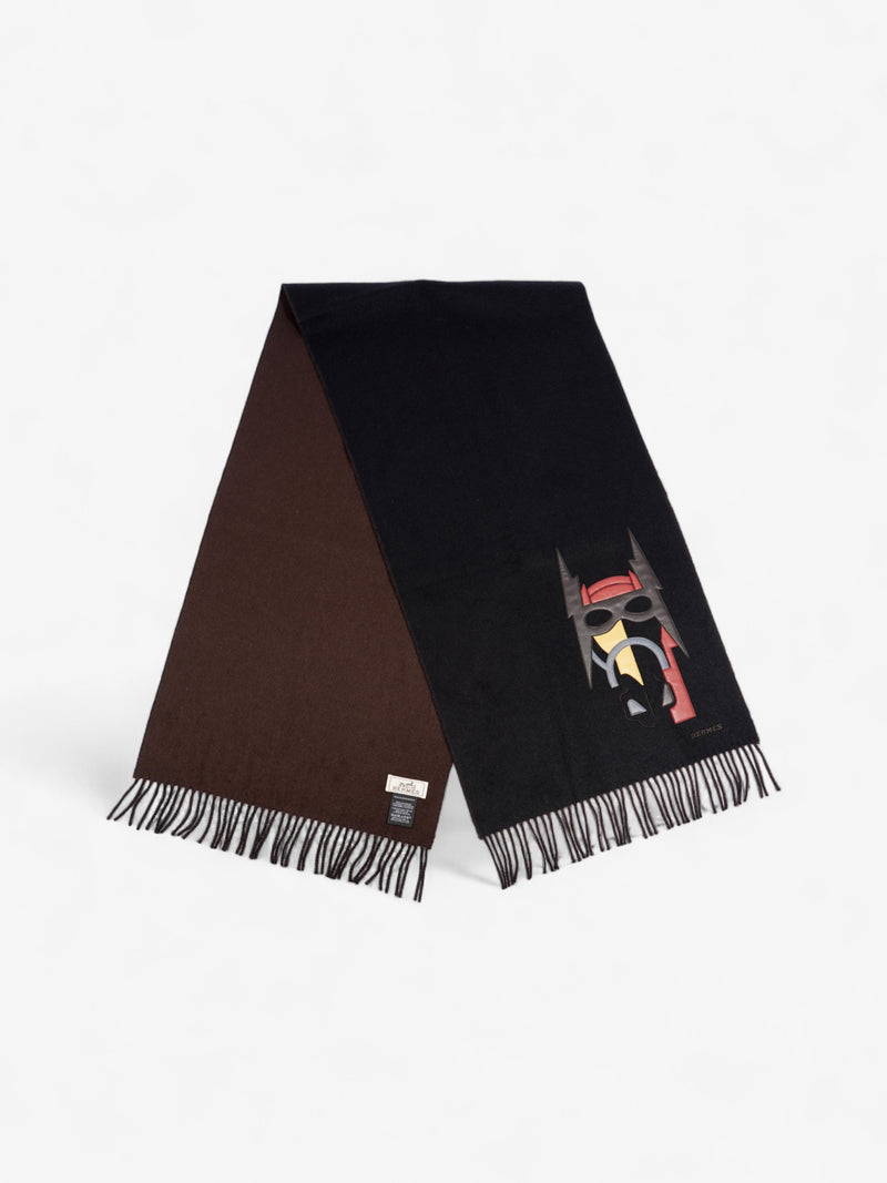 Hermes Cashmere Muffler Super H Leather Detail Black / Brown Cashmere