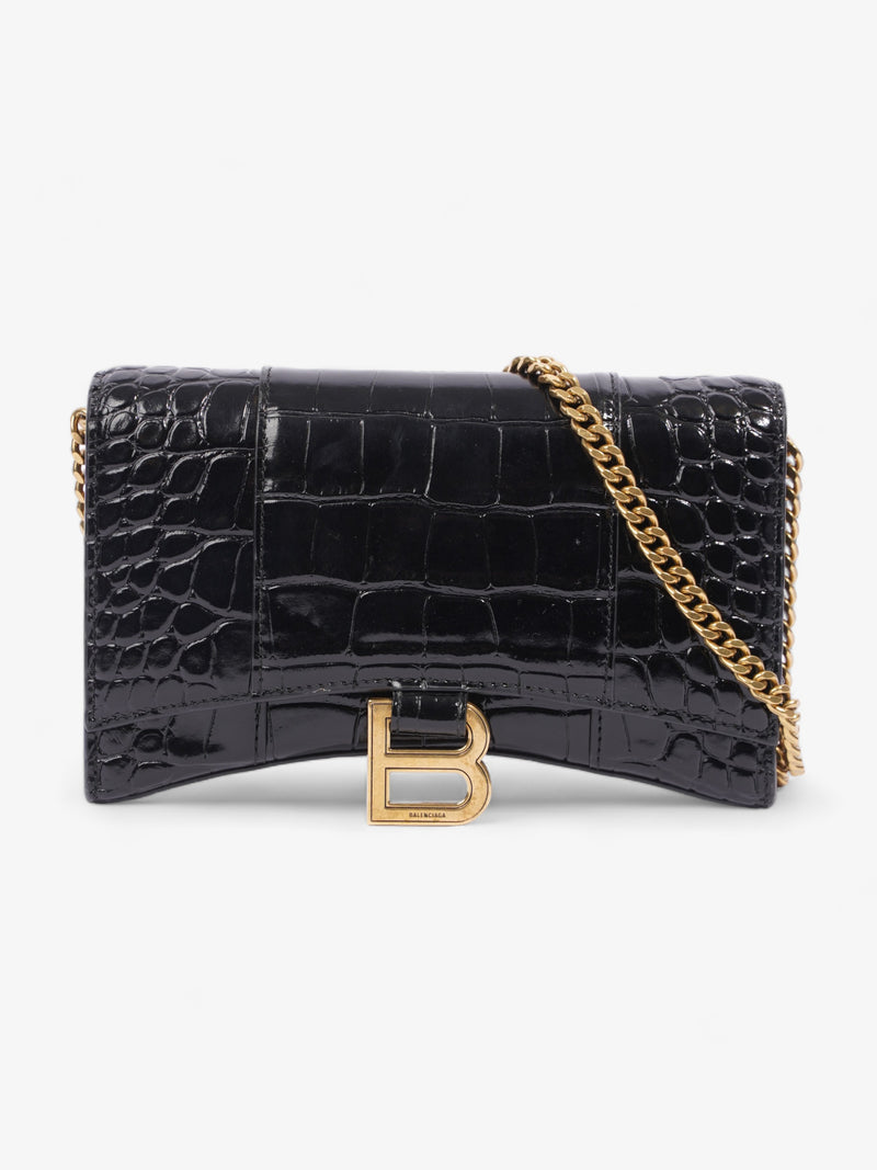 Hourglass Wallet On Chain Black Embossed Leather
