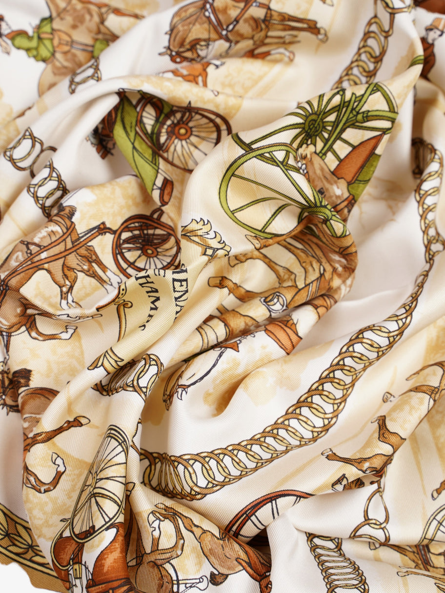 Hermes Carré 90 Longchamp Heno Stroll Scarf  Gold / White Silk 90 Image 6