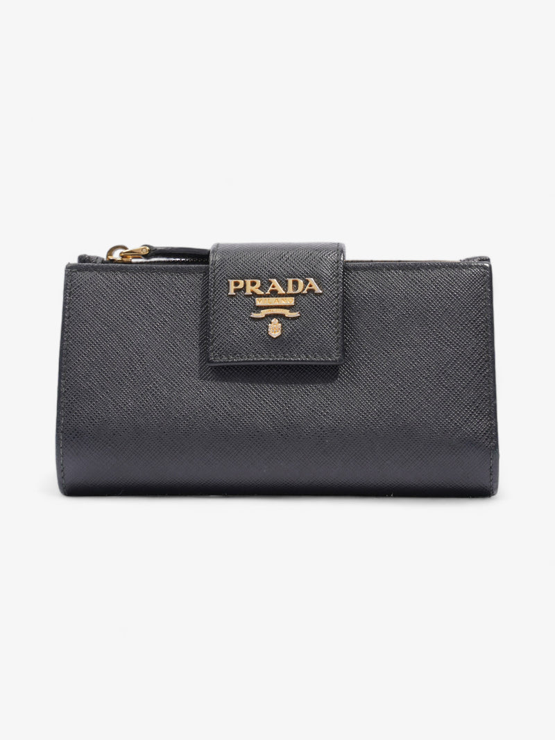  Prada Logo Buckle Wallet Black Saffiano Leather Medium