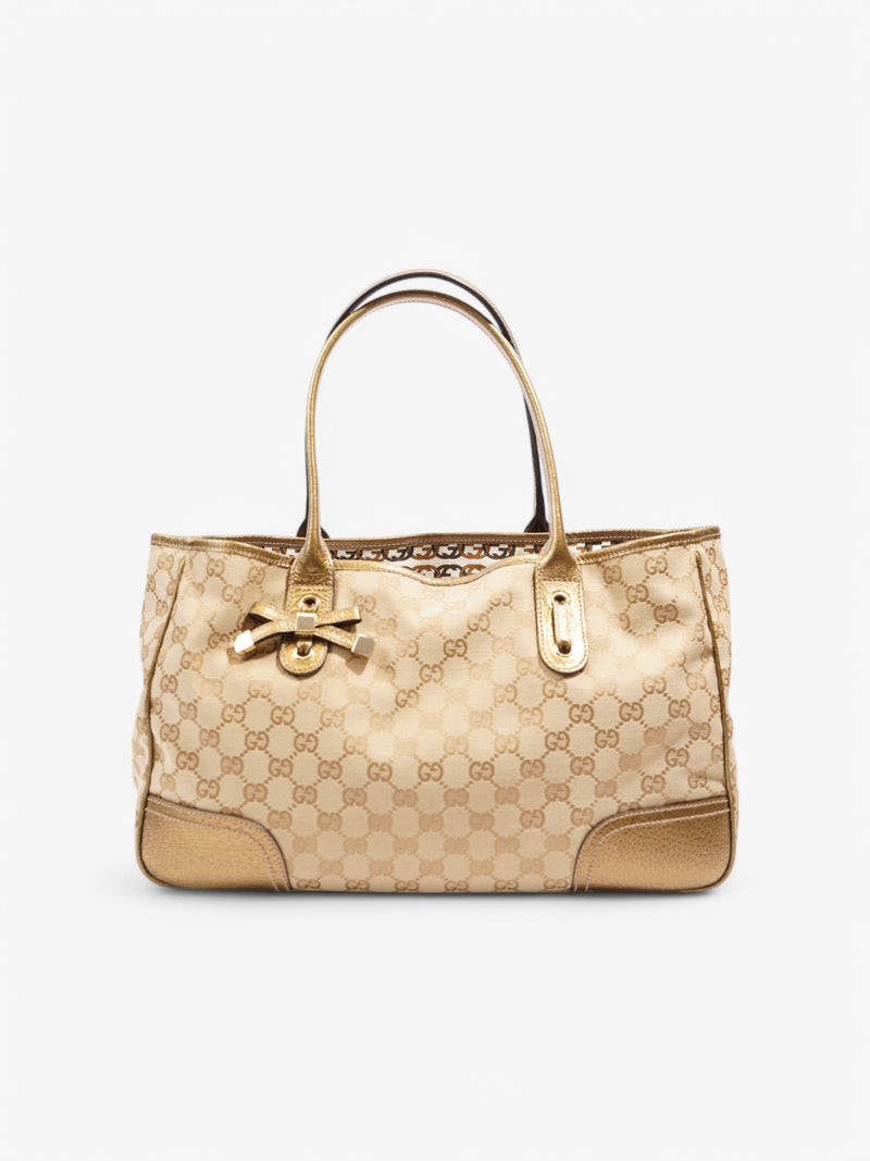  Gucci GG Canvas Princey Tote Beige  / Gold Calfskin Leather