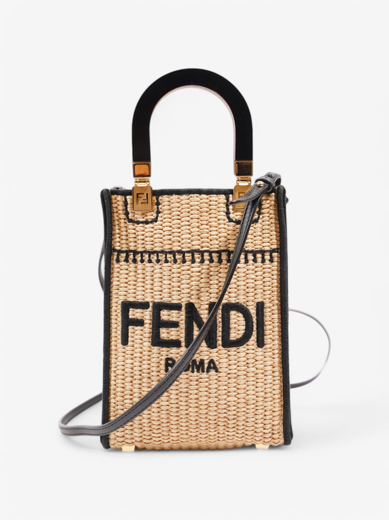  Fendi Sunshine Shopper Raffia 2Way Beige  / Black Canvas Small