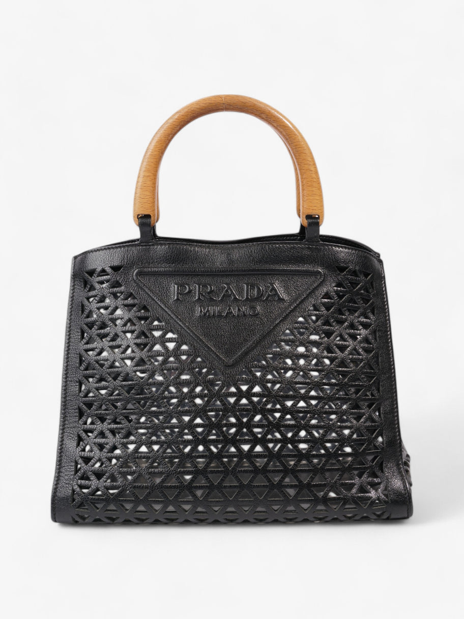 Prada Leather Cut Out Shopper with Wooden Handles in Black Black Leather Image 1