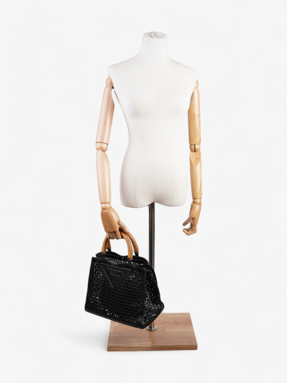 Prada Leather Cut Out Shopper with Wooden Handles in Black Black Leather Image 2