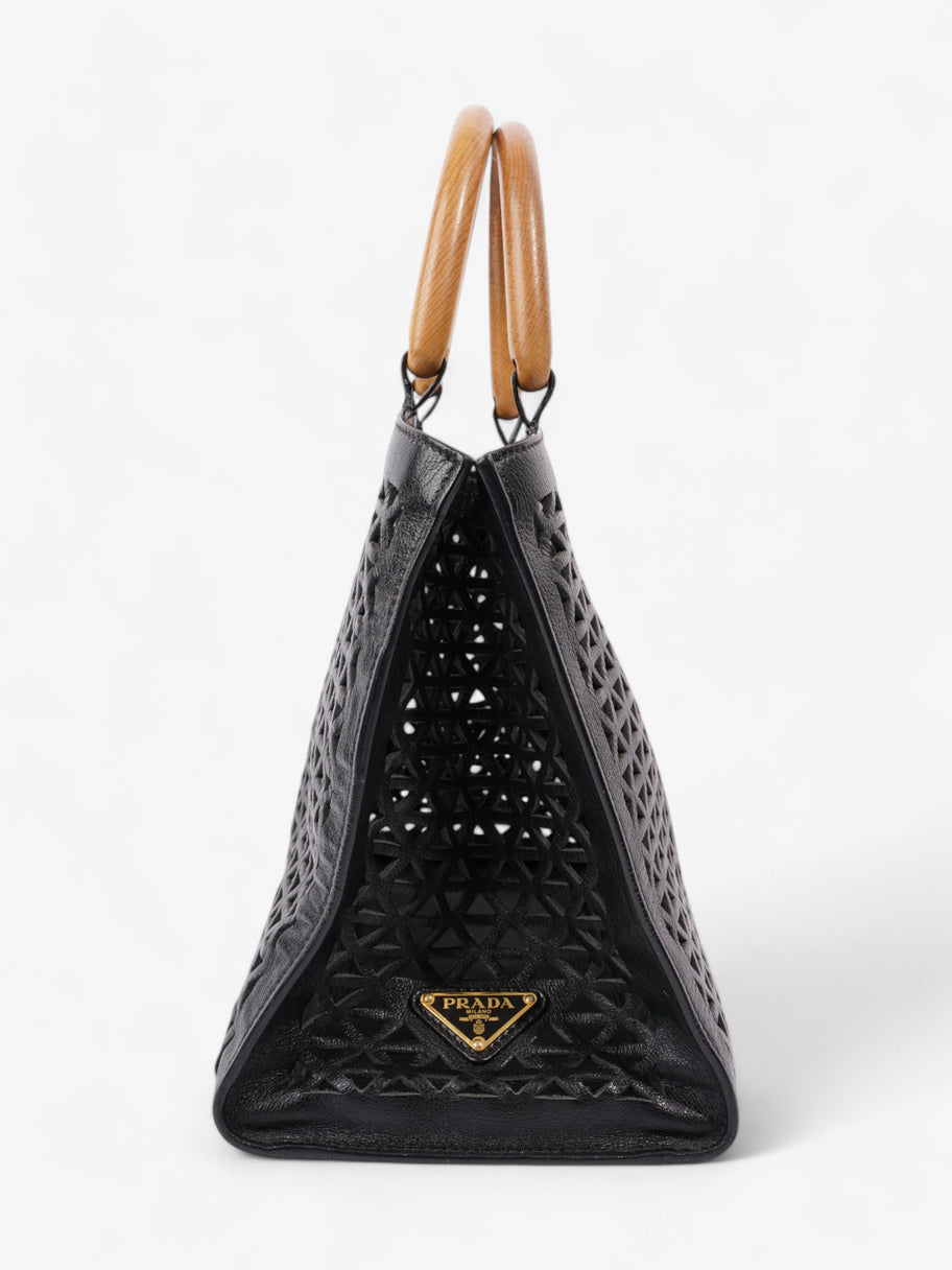 Prada Leather Cut Out Shopper with Wooden Handles in Black Black Leather Image 3