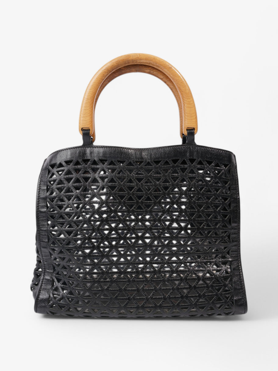 Prada Leather Cut Out Shopper with Wooden Handles in Black Black Leather Image 4