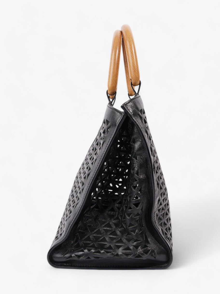 Prada Leather Cut Out Shopper with Wooden Handles in Black Black Leather Image 5