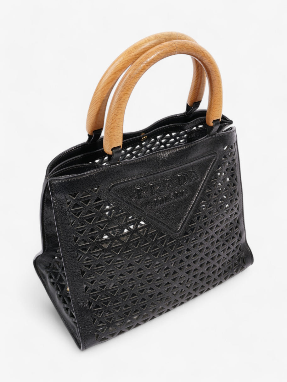 Prada Leather Cut Out Shopper with Wooden Handles in Black Black Leather Image 7