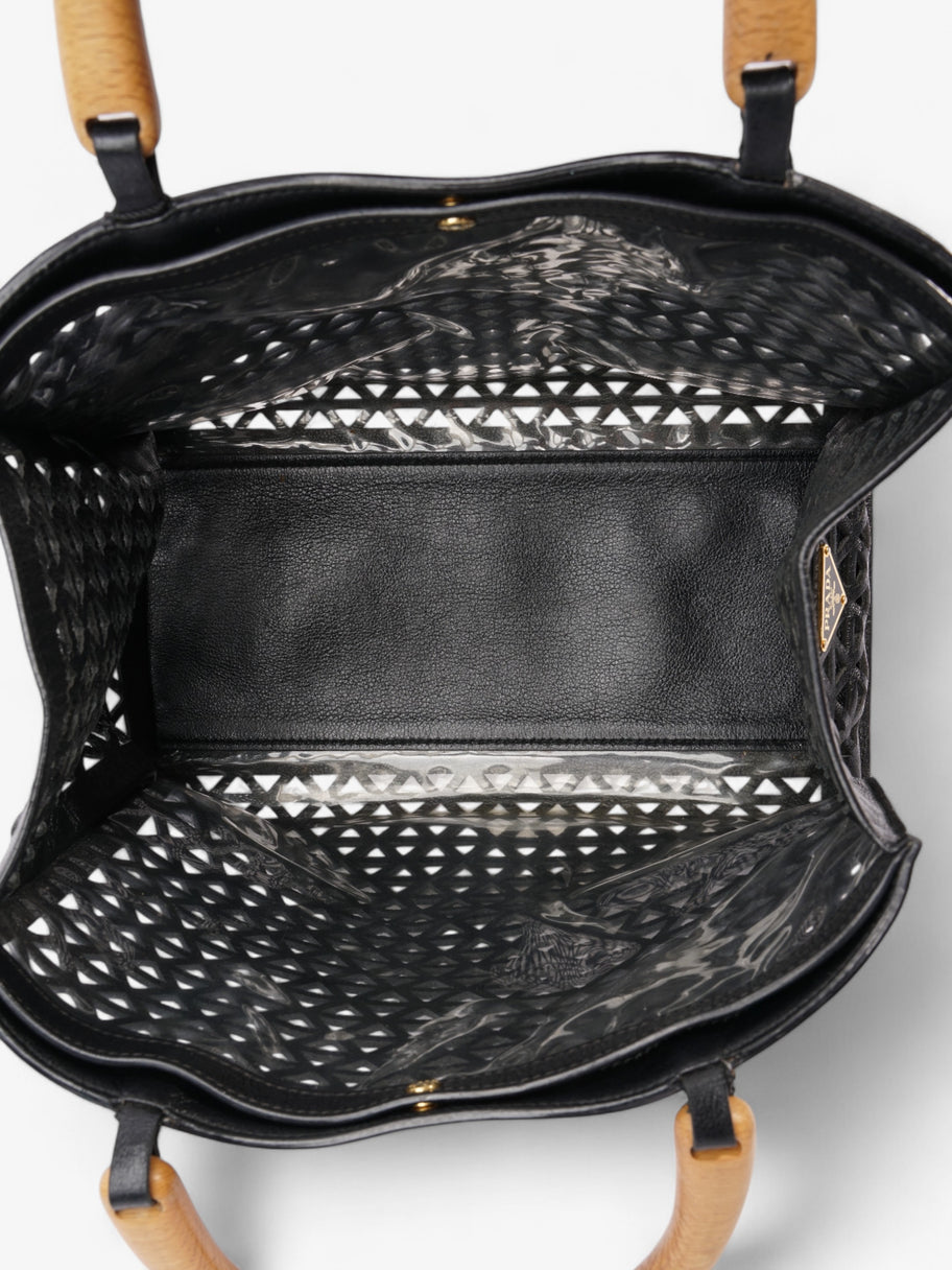 Prada Leather Cut Out Shopper with Wooden Handles in Black Black Leather Image 8