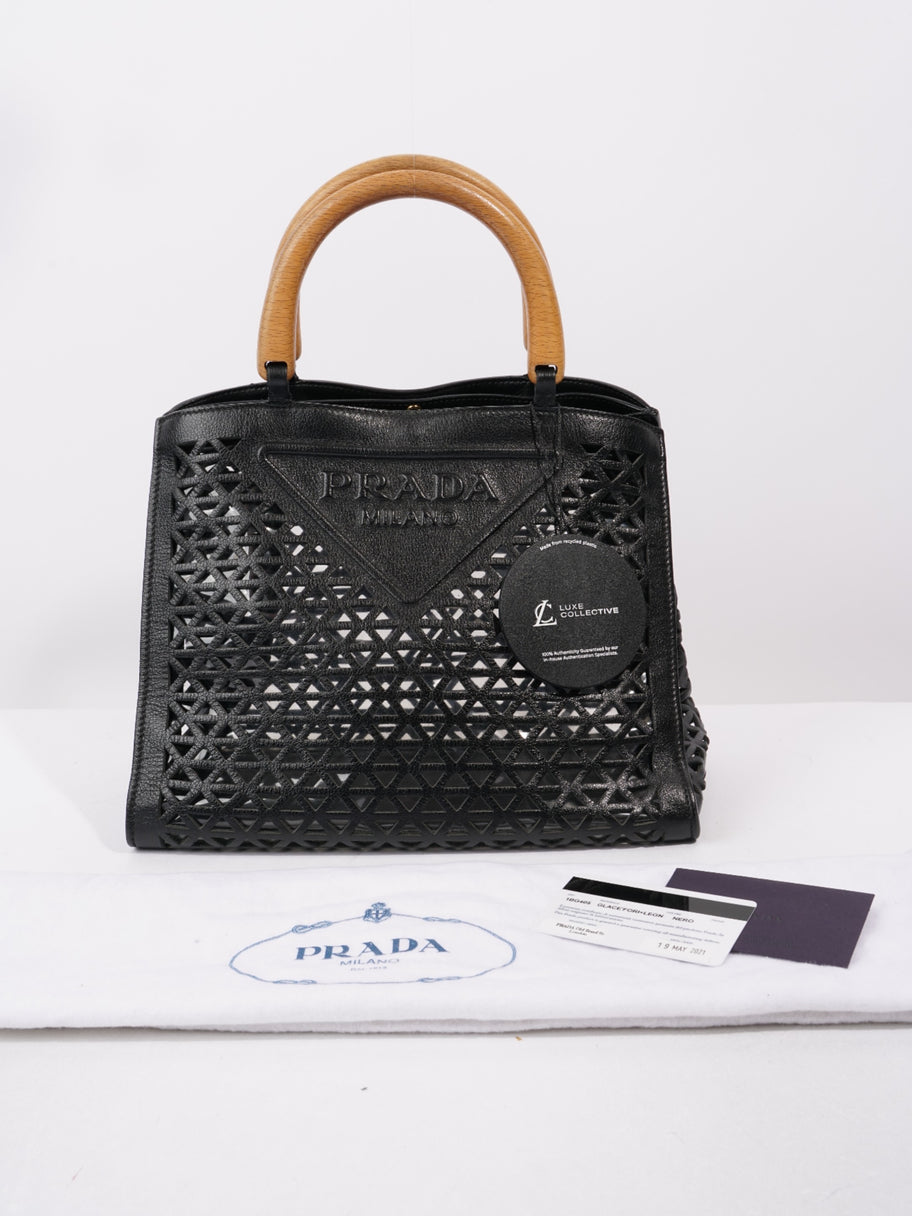 Prada Leather Cut Out Shopper with Wooden Handles in Black Black Leather Image 9