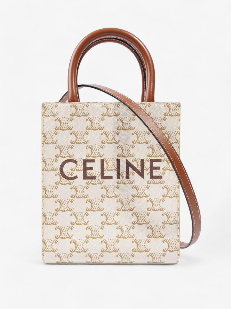  Celine Mini Triomphe Cabas Vertical White  / Brown Coated Canvas
