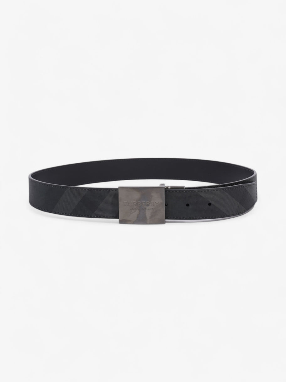 Burberry Reversible Plaque Buckle Check Belt Charcoal / Graphite / Silver Coated Canvas 90cm / 36