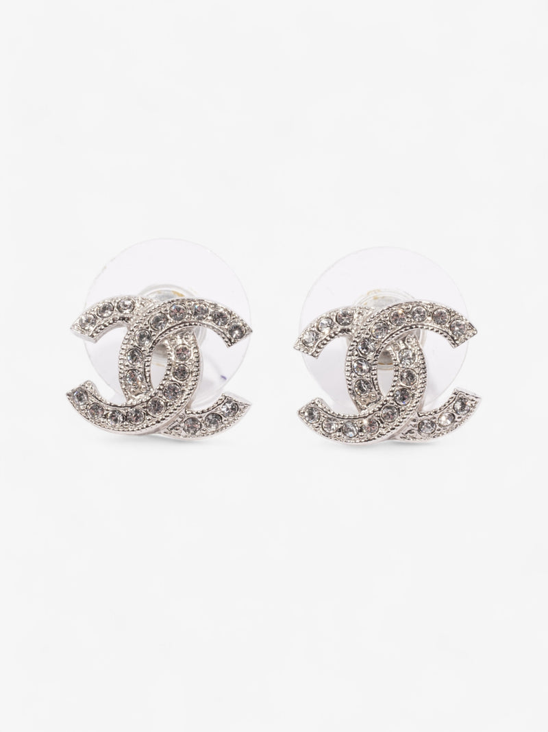  Chanel CC Crystal Stud Earrings Silver / White Base Metal