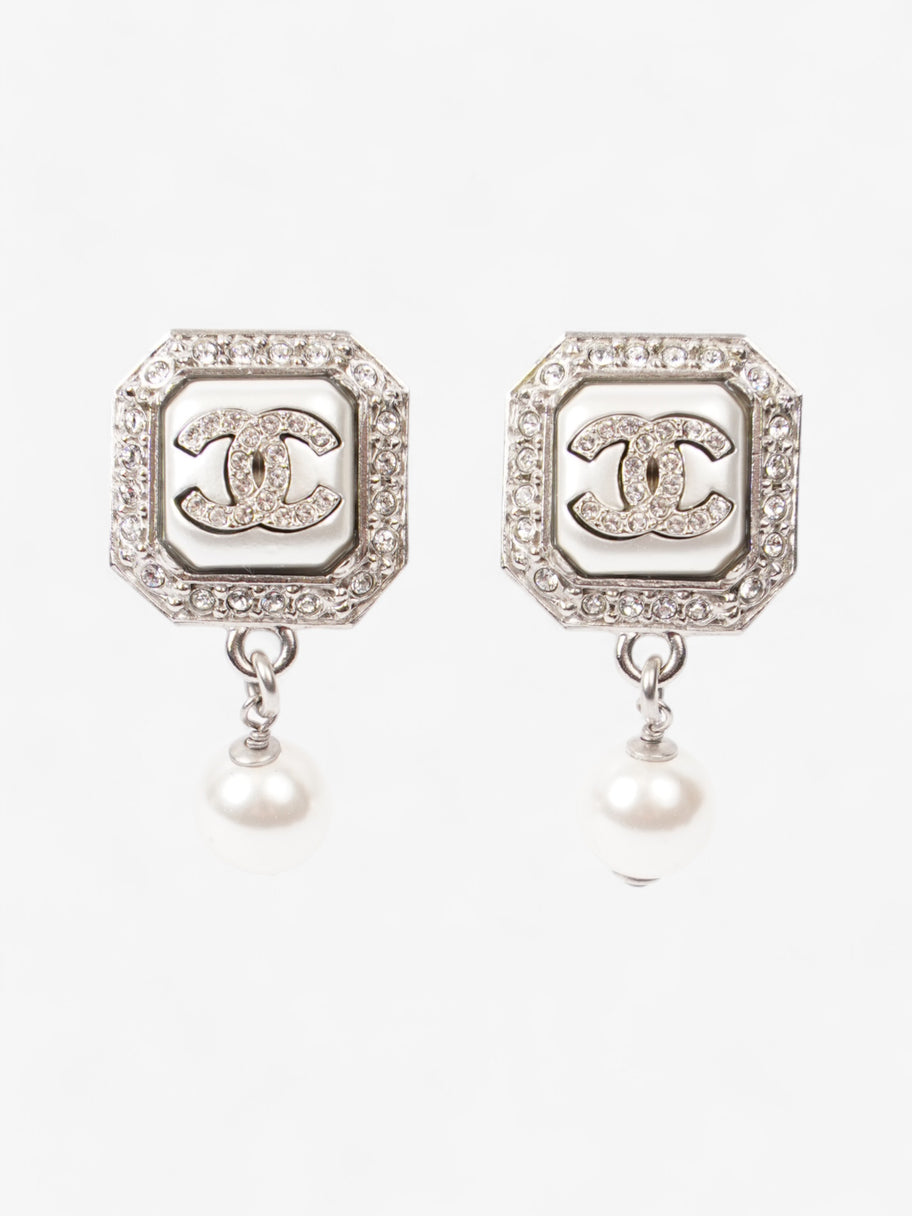Chanel CC Square Pearl Drop Earrings Silver / White Base Metal Image 1