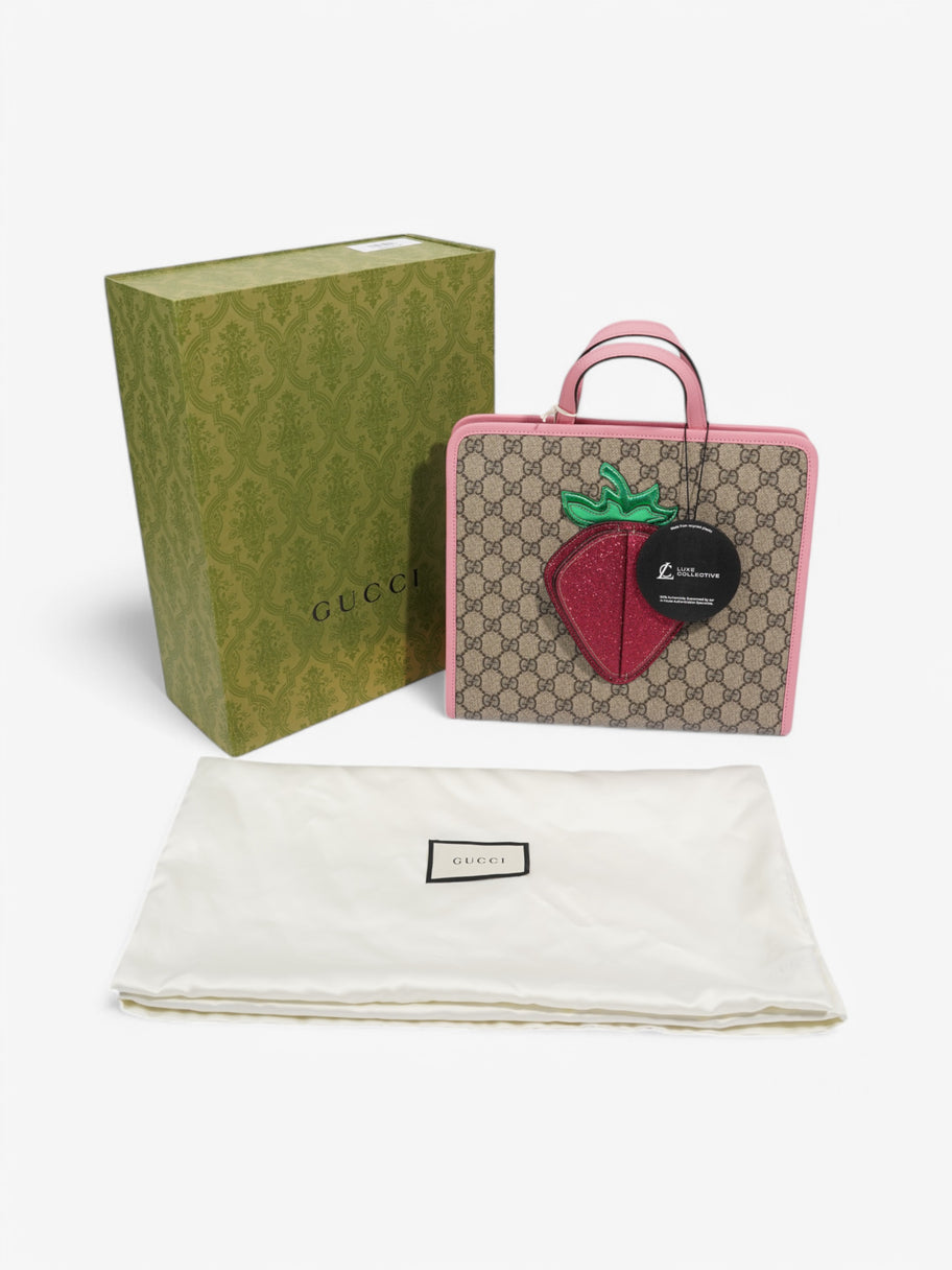 Gucci Strawberry Logo Print Tote GG Supreme / Pink Canvas Image 6