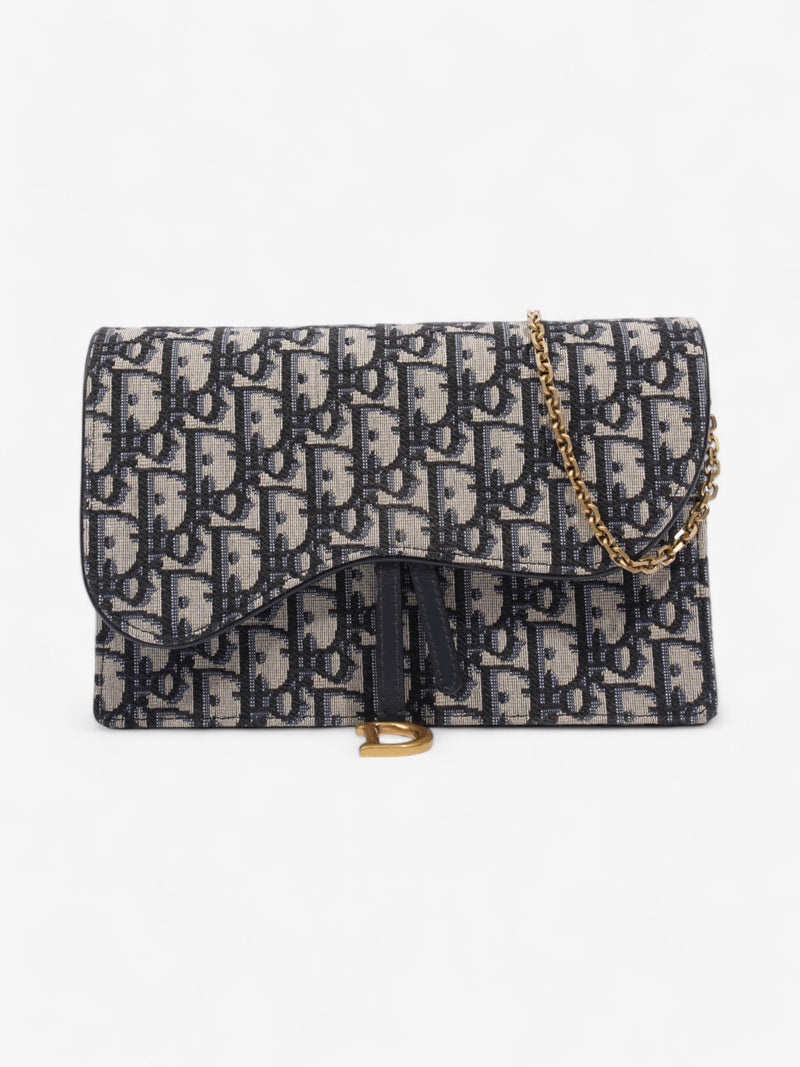  Christian Dior Saddle Pouch with Chain Blue Oblique Cotton Medium