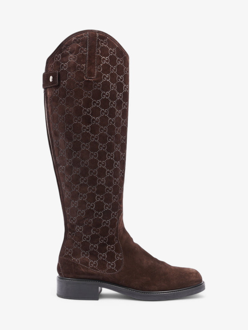  Gucci GG Embossed Knee High Boots Brown Suede EU 40.5 UK 7.5