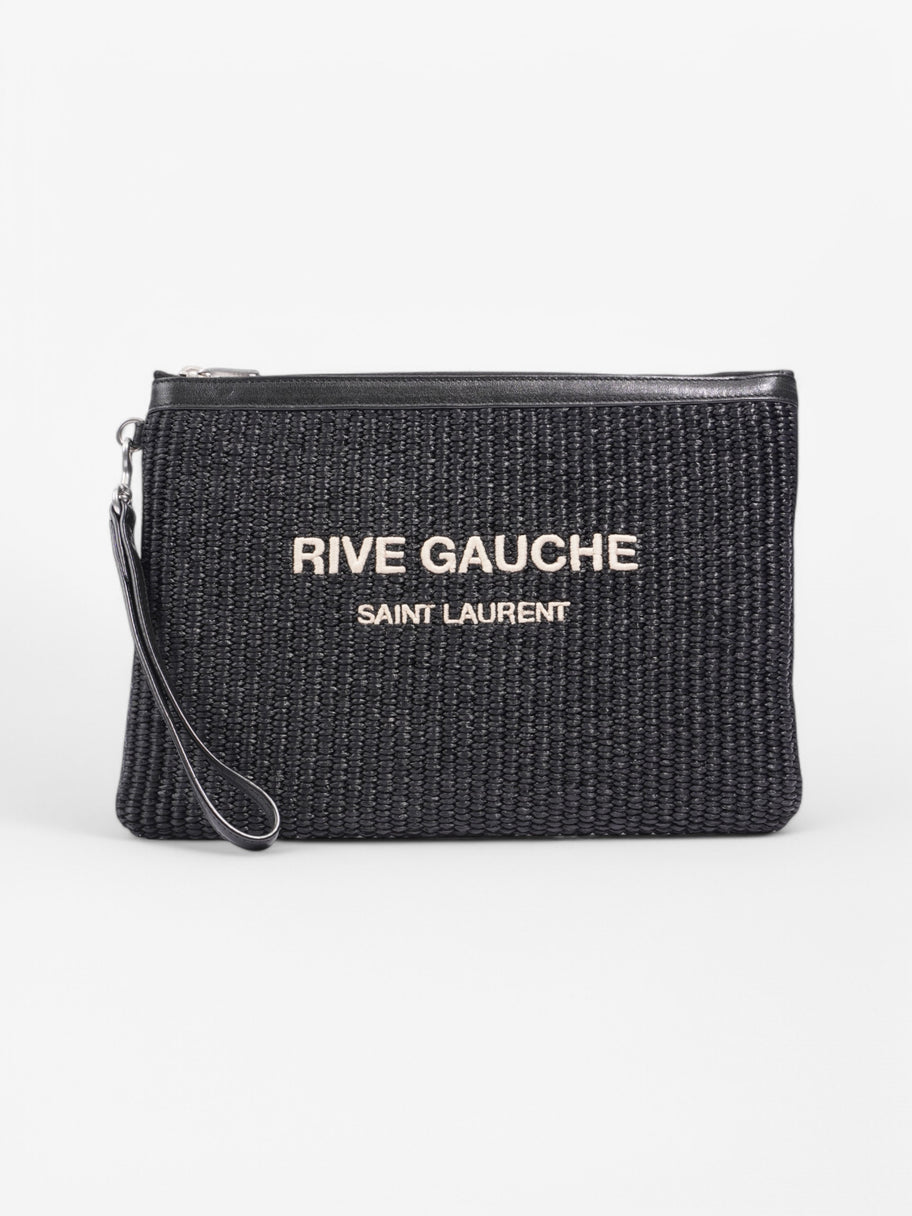 Saint Laurent Rive Gauche Zipper Pouch Black / White Raffia Image 1