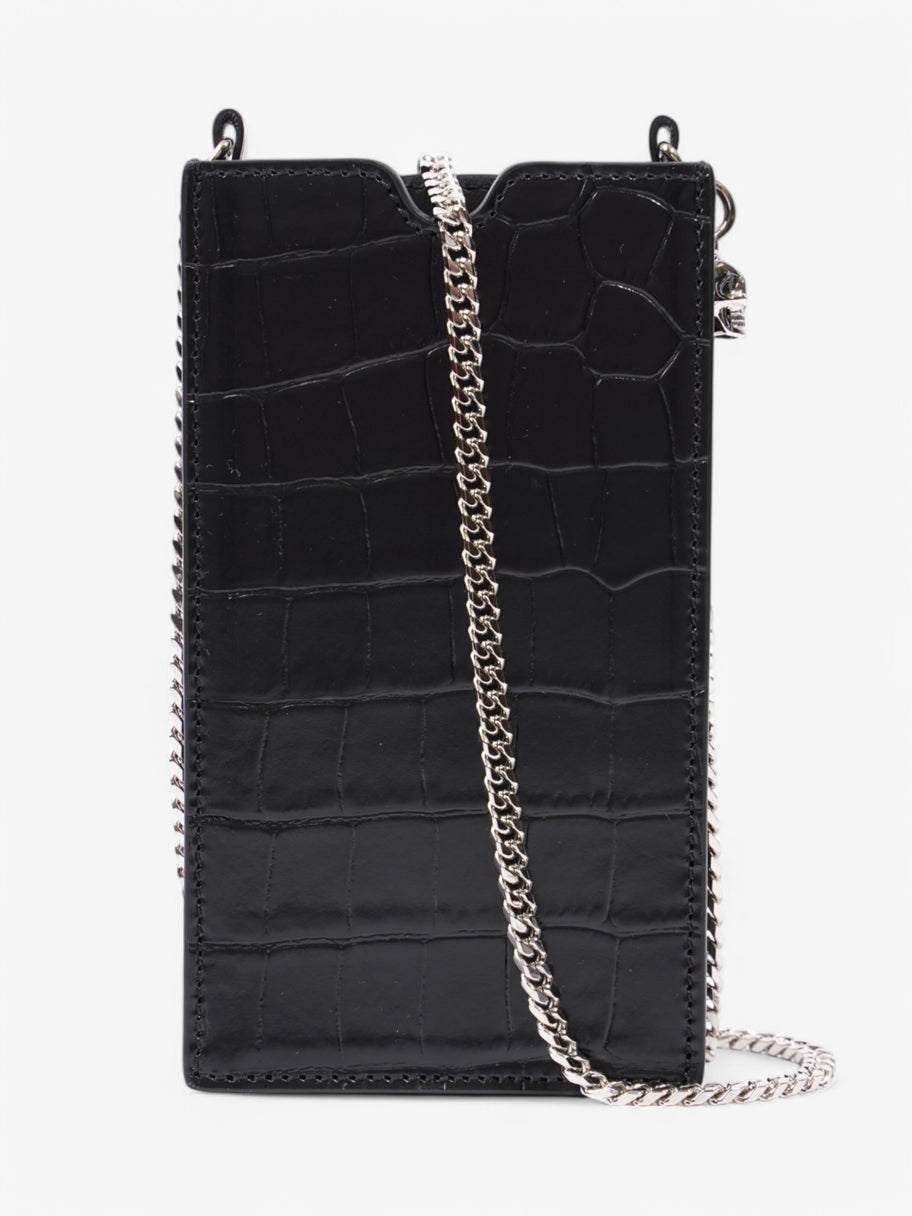 Alexander McQueen Skull-Embellished Croc-Embossed Leather Phone Case Black Crocodile Leather Image 1