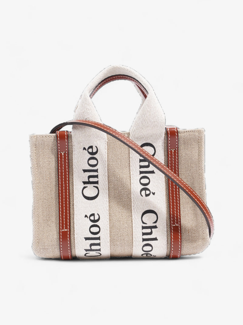  Chloe Woody Tote Beige / Brown / White Linen Mini