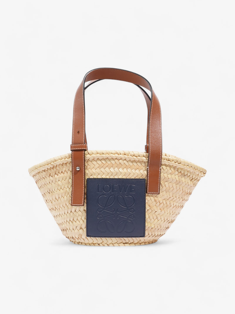 Loewe Basket Bag Natural / Navy Blue Palm Leaves Small