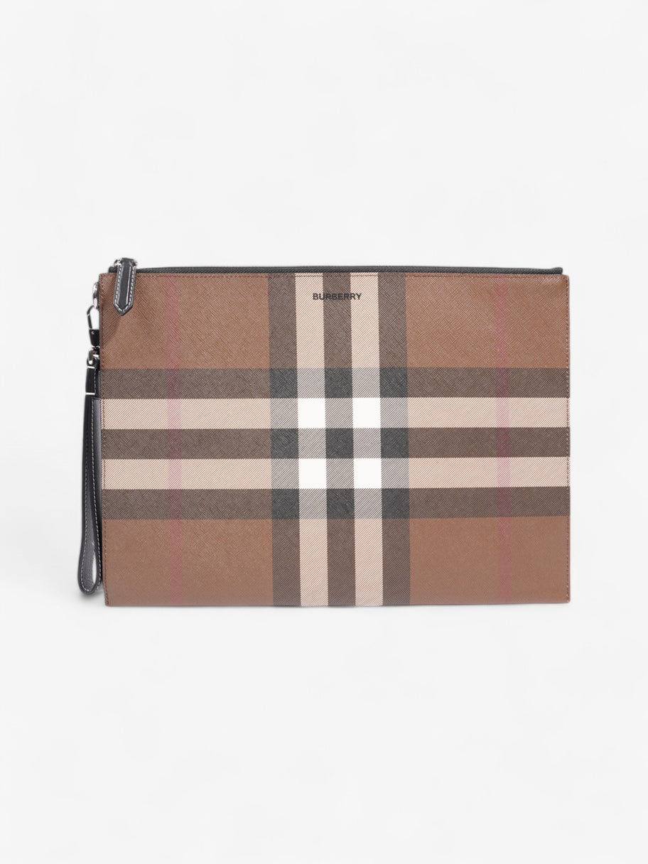 Burberry Check Zip Pouch Dark Birch Brown Canvas Large Image 1
